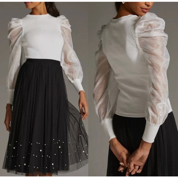 Dolan Left Coast Collection Sweaters - Anthropologie Dolan Sheer Puff Sleeve Ribbed Top Sweater Organza Ivory White‎ S